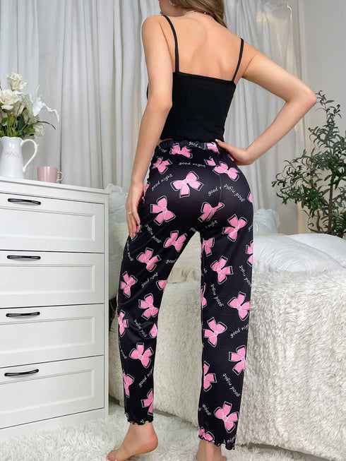SHEIN Bowknot & Letter Print Pajama Set Bow Tie0