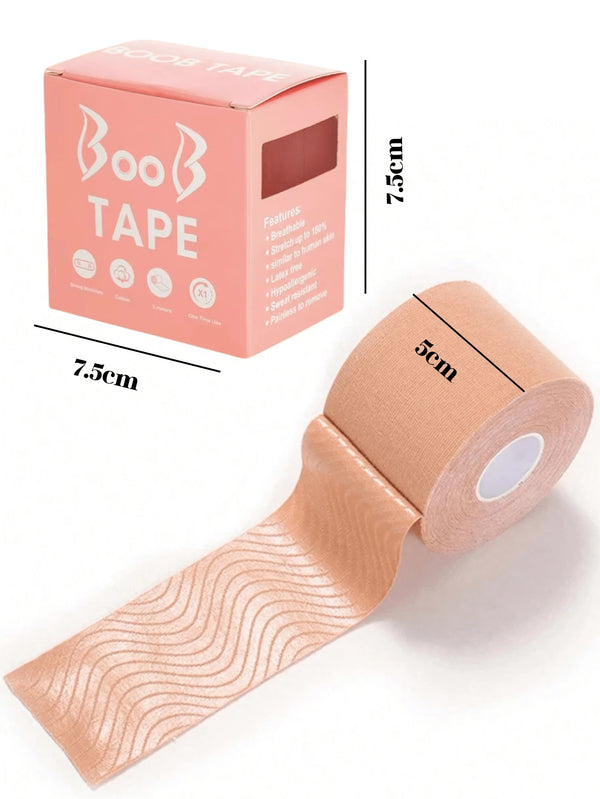 Kinesiology tape with packaging and measurements on a white background