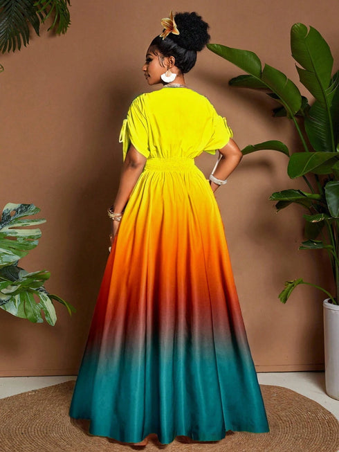 SHEIN Breezaya Women Elegant Romantic Ombre Print Tie Bow V-Neck A-Line Maxi Dress, Versatile Design For1
