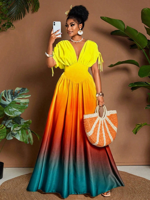 SHEIN Breezaya Women Elegant Romantic Ombre Print Tie Bow V-Neck A-Line Maxi Dress, Versatile Design For