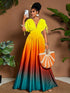 SHEIN Breezaya Women Elegant Romantic Ombre Print Tie Bow V-Neck A-Line Maxi Dress, Versatile Design For