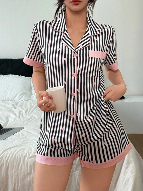 SHEIN Button-Up Women's Short Sleeve Striped Pajamas With Comfortable Regular Fit And Collar Women Short Sets0