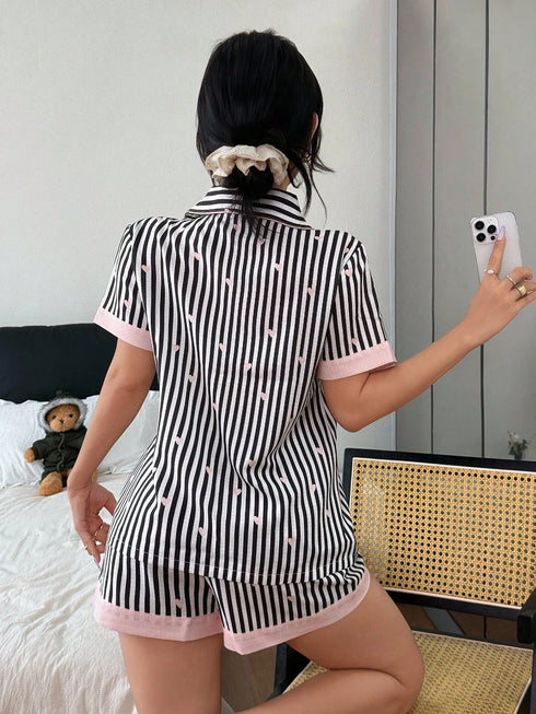SHEIN Button-Up Women's Short Sleeve Striped Pajamas With Comfortable Regular Fit And Collar Women Short Sets1