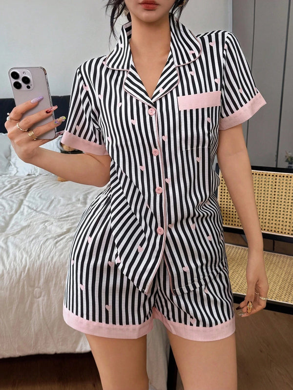 SHEIN Button-Up Women's Short Sleeve Striped Pajamas With Comfortable Regular Fit And Collar Women Short Sets
