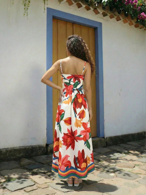 SHEIN CAJUNI Long Tube Dress With Flower Print. Hawaii Dress00