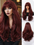 SHEIN Chic Burgundy Brown Long Curly Wig With Bangs For Women - Matte Finish, Heat Resistant Synthetic Hair,0