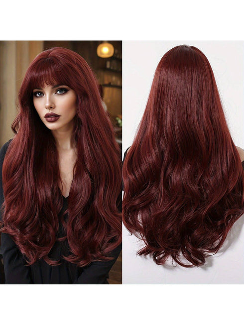 SHEIN Chic Burgundy Brown Long Curly Wig With Bangs For Women - Matte Finish, Heat Resistant Synthetic Hair,