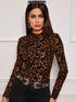 SHEIN Clasi Autumn Fashion Leopard Print Stand Collar Slim Fit T-Shirt