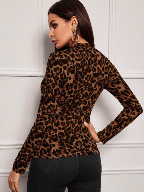 SHEIN Clasi Autumn Fashion Leopard Print Stand Collar Slim Fit T-Shirt