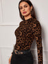 SHEIN Clasi Autumn Fashion Leopard Print Stand Collar Slim Fit T-Shirt