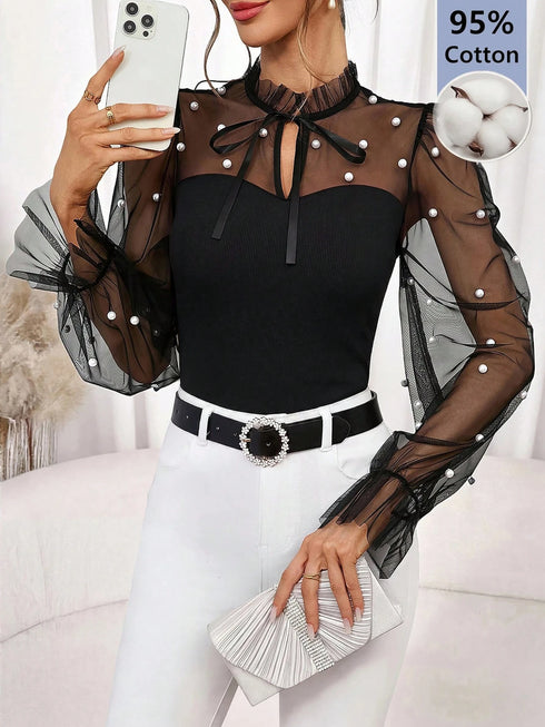 SHEIN Clasi Women's Elegant Beaded Decor Mesh Patchwork Top Holiday Black Autumn