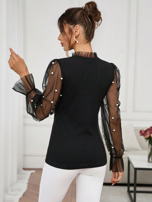SHEIN Clasi Women's Elegant Beaded Decor Mesh Patchwork Top Holiday Black Autumn