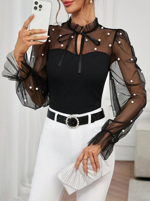 SHEIN Clasi Women's Elegant Beaded Decor Mesh Patchwork Top Holiday Black Autumn