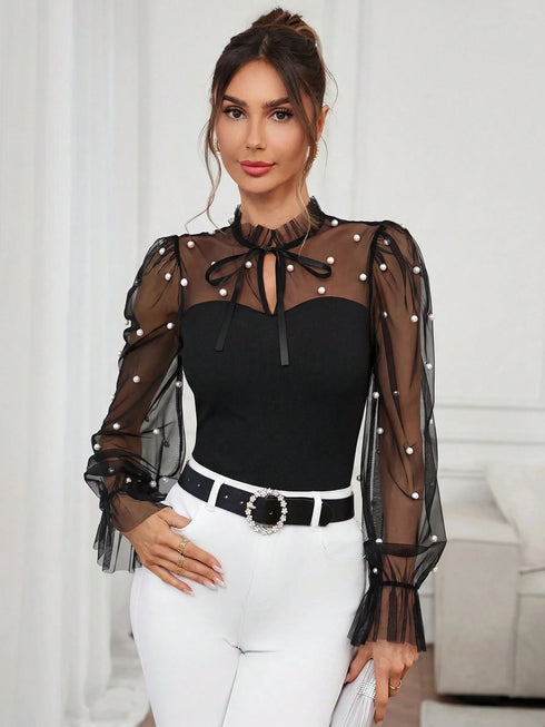 SHEIN Clasi Women's Elegant Beaded Decor Mesh Patchwork Top Holiday Black Autumn