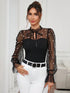 SHEIN Clasi Women's Elegant Beaded Decor Mesh Patchwork Top Holiday Black Autumn