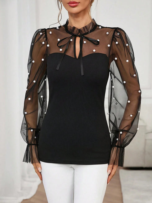SHEIN Clasi Women's Elegant Beaded Decor Mesh Patchwork Top Holiday Black Autumn