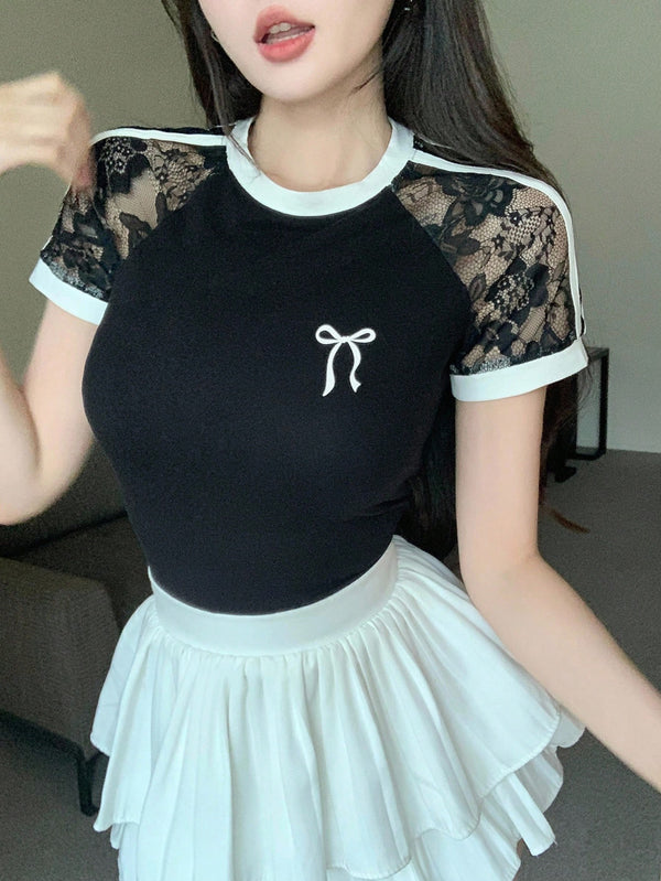 SHEIN DAZY Spring/Summer Hollow Lace Ribbon Contrast Color Patchwork Bow Decor Sexy Slim Casual Short Sleeve Women T-Shirt Cute Top