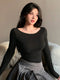 SHEIN DAZY Women's Solid Color Minimalist Oblique Shoulder Long Sleeve T-Shirt