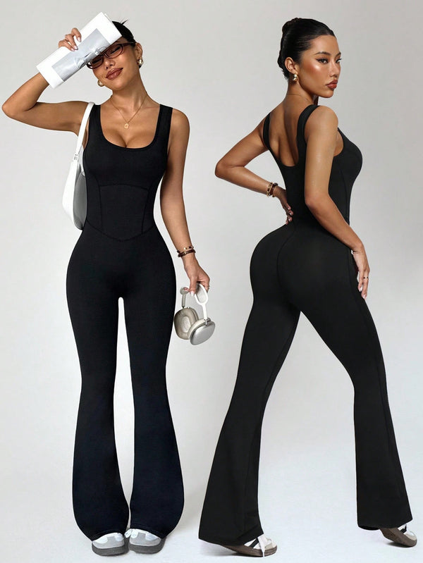 SHEIN Dewbera Plain Black Sleeveless Sports Unitard With Comfortable Fabric And Stylish Design Flare Jumpsuit