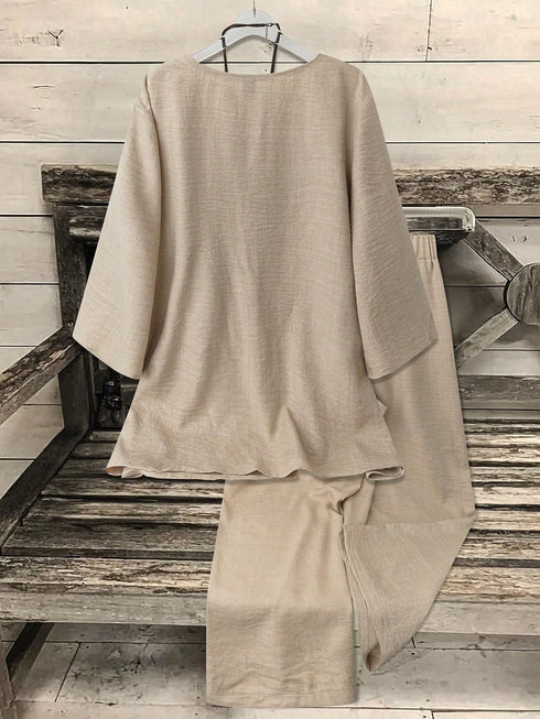 SHEIN EMERY ROSE 1set Women V-Neck Coconut Button Decor 3/4 Sleeve Top + Solid Color Straig0