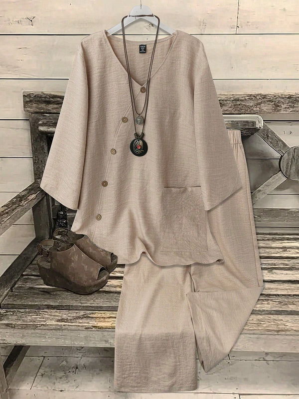 SHEIN EMERY ROSE 1set Women V-Neck Coconut Button Decor 3/4 Sleeve Top + Solid Color Straig