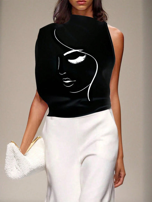 SHEIN EMERY ROSE Knitted Stand Collar Asymmetric Sleeve Graphic White Women's T-Shirt Graphic Tees Wom0