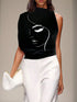 SHEIN EMERY ROSE Knitted Stand Collar Asymmetric Sleeve Graphic White Women's T-Shirt Graphic Tees Wom0
