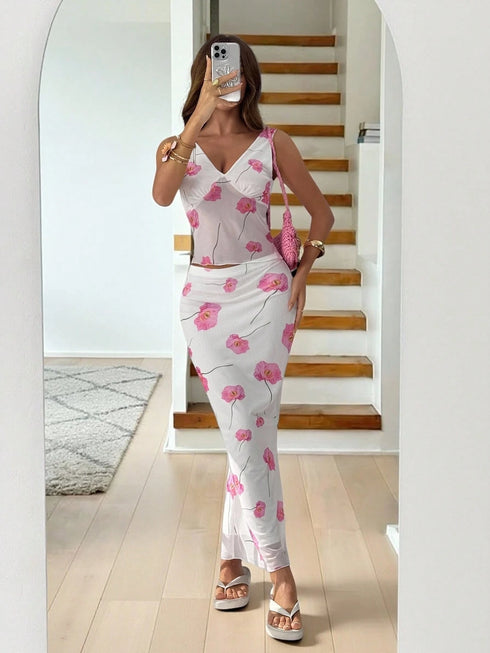 SHEIN EZwear 2-Piece Women's Summer Vacation Leisure Seaside Beach Vacation Bohemian Style, Pink Hibiscus Flor00