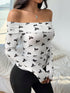 SHEIN EZwear Casual Bow Printed Off Shoulder Fitted Long Sleeve T-Shirt 1