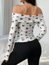 SHEIN EZwear Casual Bow Printed Off Shoulder Fitted Long Sleeve T-Shirt 2
