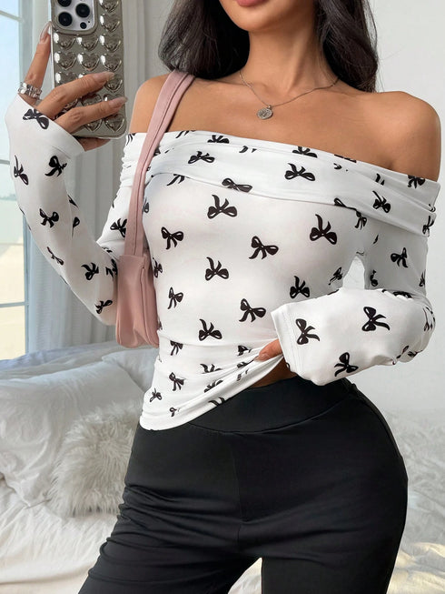 SHEIN EZwear Casual Bow Printed Off Shoulder Fitted Long Sleeve T-Shirt