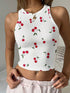 توب تانك نسائي بقصة ضيقة ورقبة دائرية وطبعة كرز من SHEIN EZwear، تصميم لطيف وجميل، مناسب للراحة في المنزل، العطلات، العودة للمدرسة الأنيقة في الصيف