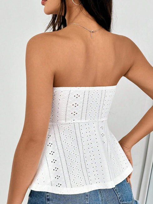SHEIN EZwear Eyelet Embroidery Solid Ruffle Hem Tube Top