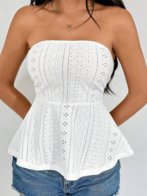 SHEIN EZwear Eyelet Embroidery Solid Ruffle Hem Tube Top