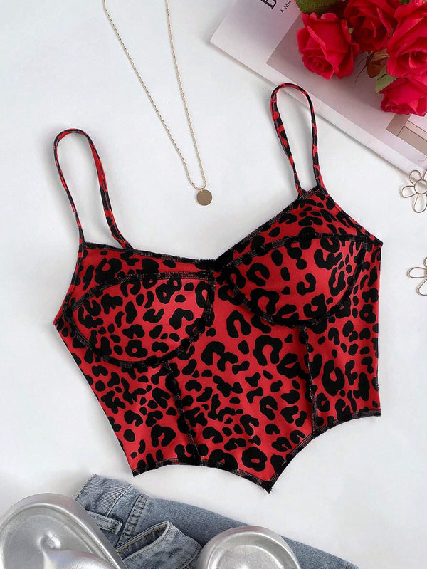 SHEIN EZwear Knitted Leopard Print Camisole Tank Top, Fitted & Cropped For Women