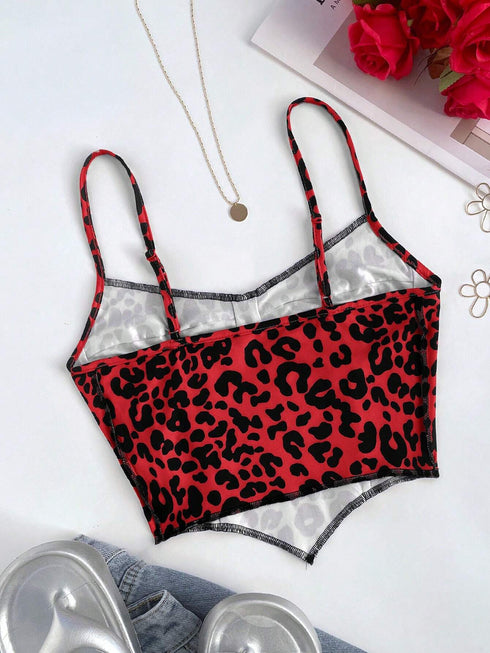 SHEIN EZwear Knitted Leopard Print Camisole Tank Top, Fitted & Cropped For Women