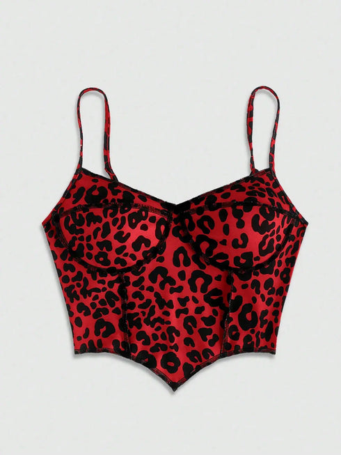 SHEIN EZwear Knitted Leopard Print Camisole Tank Top, Fitted & Cropped For Women