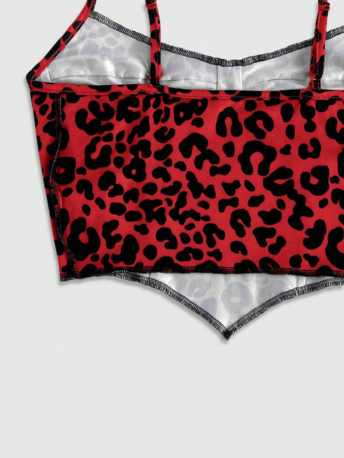 SHEIN EZwear Knitted Leopard Print Camisole Tank Top, Fitted & Cropped For Women