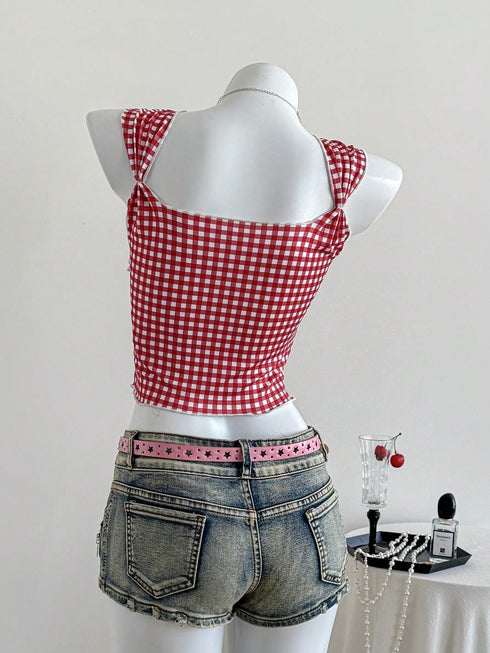 SHEIN EZwear Plaid Sleeveless Top For Women With Sweetheart Neckline And Knotted Front Christmas00