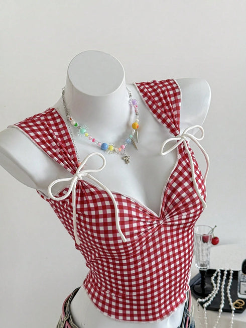 SHEIN EZwear Plaid Sleeveless Top For Women With Sweetheart Neckline And Knotted Front Christmas0