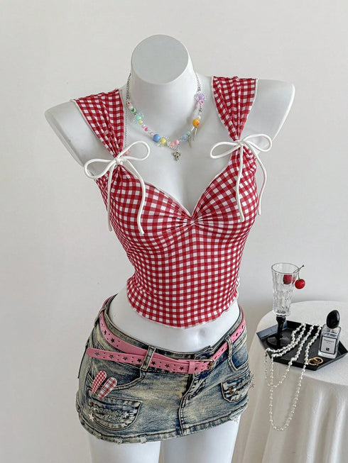 SHEIN EZwear Plaid Sleeveless Top For Women With Sweetheart Neckline And Knotted Front Christmas