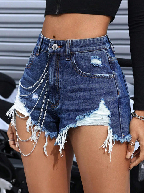 SHEIN EZwear Women Fashionable Hot Girl Style Chain And Ripped Design Denim Shorts