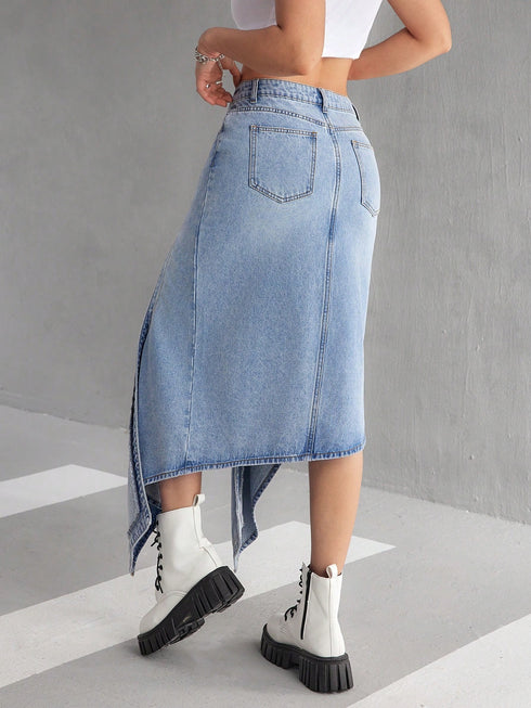 SHEIN EZwear Women's Casual Front Button Pocket Slit Denim A-Line Skirt, Simple Design1