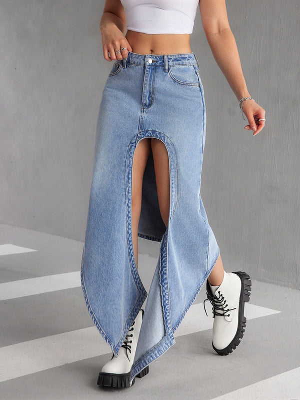 SHEIN EZwear Women's Casual Front Button Pocket Slit Denim A-Line Skirt, Simple Design