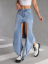 SHEIN EZwear Women's Casual Front Button Pocket Slit Denim A-Line Skirt, Simple Design