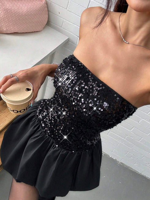 SHEIN EZwear Women's Cute Black Sequin Strapless Mini Dress