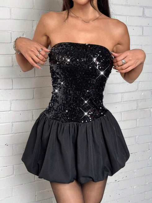 SHEIN EZwear Women's Cute Black Sequin Strapless Mini Dress
