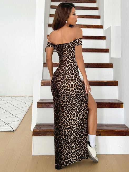 SHEIN EZwear Women's Long Leopard Print Off Shoulder High Slit Slim Fit Casual Dress, Stylish Everyday Wear