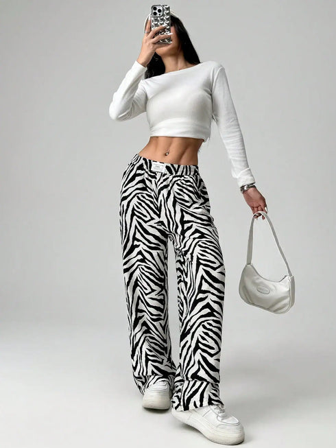 SHEIN EZwear Zebra Stripe Woven Wide Leg Pants