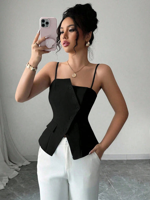 SHEIN Elenzga 2025 New Blue Asymmetric Design Fashionable Versatile Commuting Casual Cinched Wais0